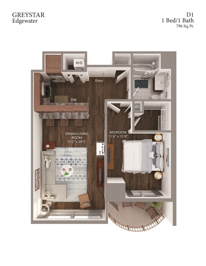 D1 1 Bed 1 Bath floor plan