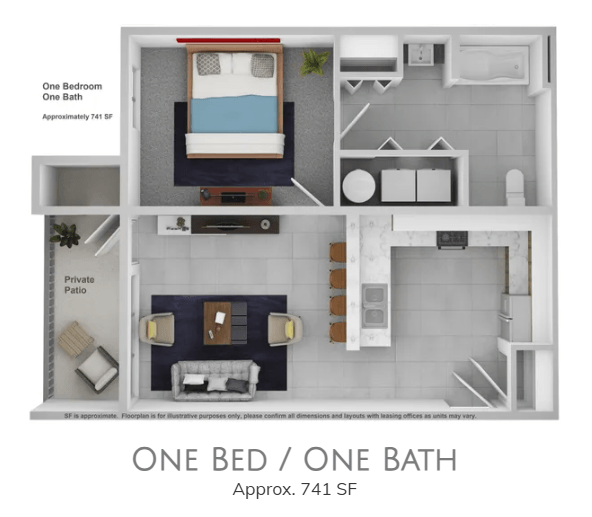 One Bed, One Bath Glenn floor plan