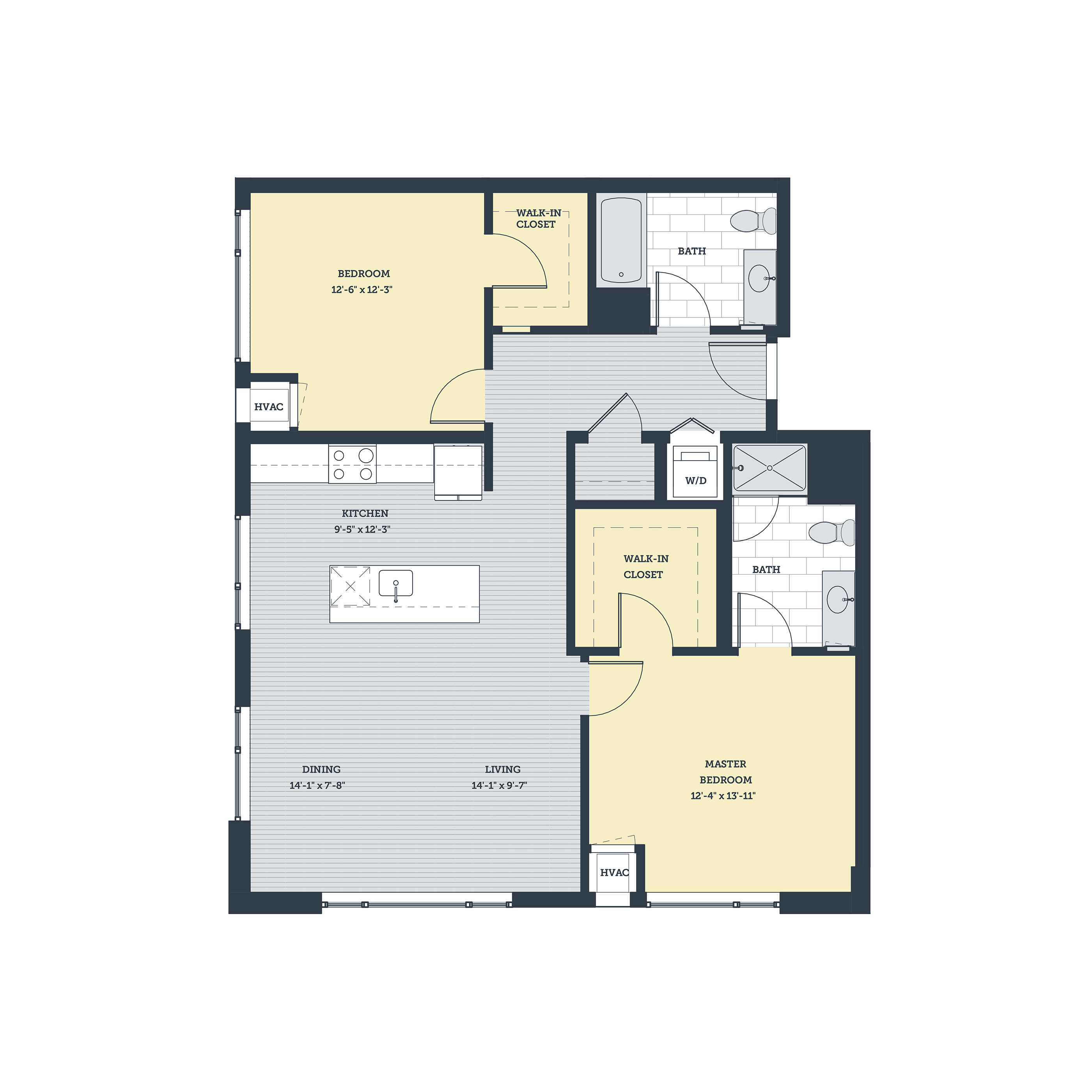 Rendering of the 2H floor plan with 2 bedroom[s] and 2 bathroom[s] at eleven33apartments
