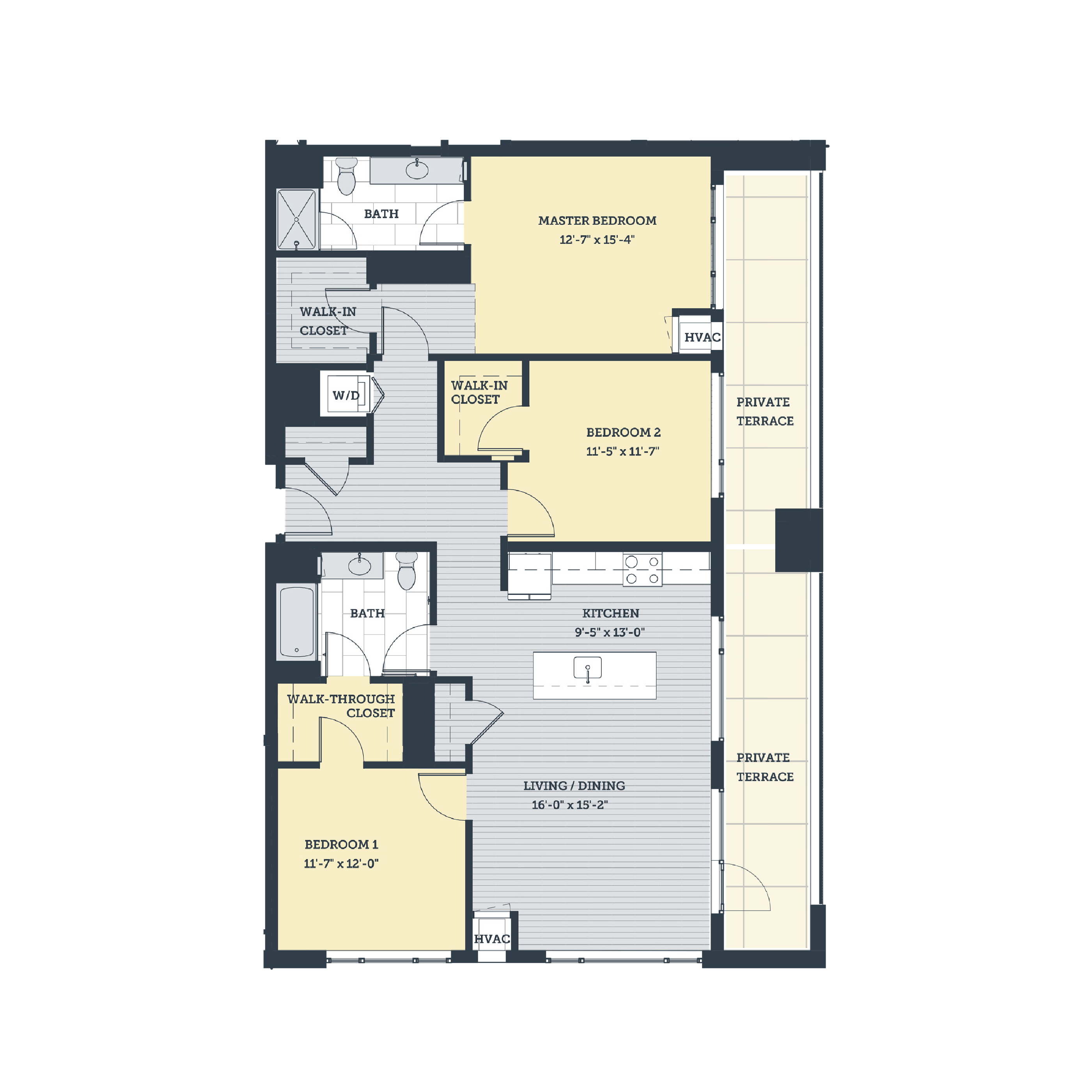Rendering of the 3A floor plan with 3 bedroom[s] and 2 bathroom[s] at eleven33apartments