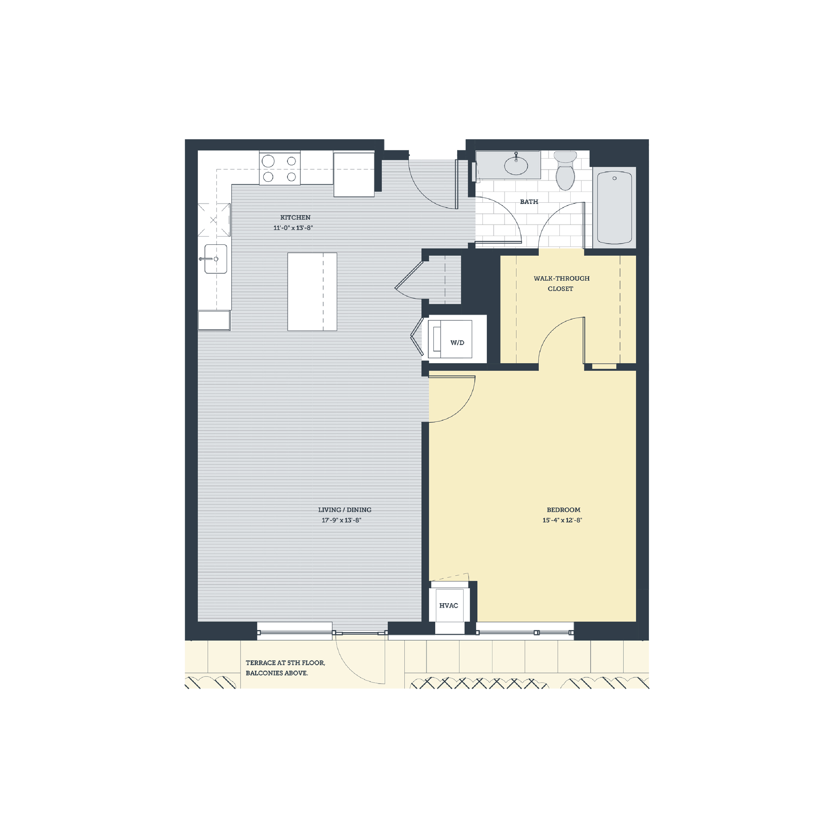 Rendering of the 1P floor plan with 1 bedroom[s] and 1 bathroom[s] at eleven33apartments