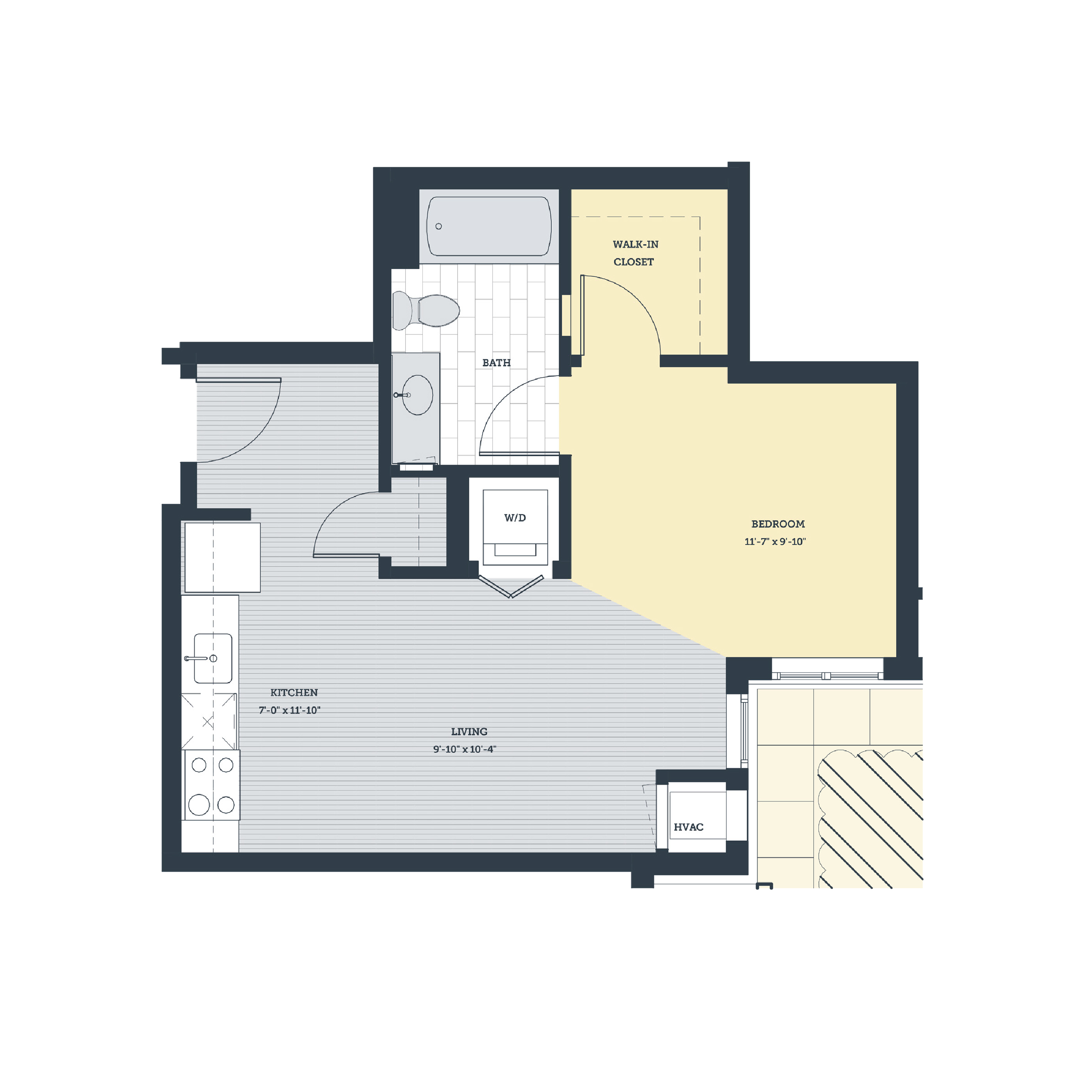 Rendering of the OA floor plan with a Studio bedroom and 1 bathroom[s] at eleven33apartments