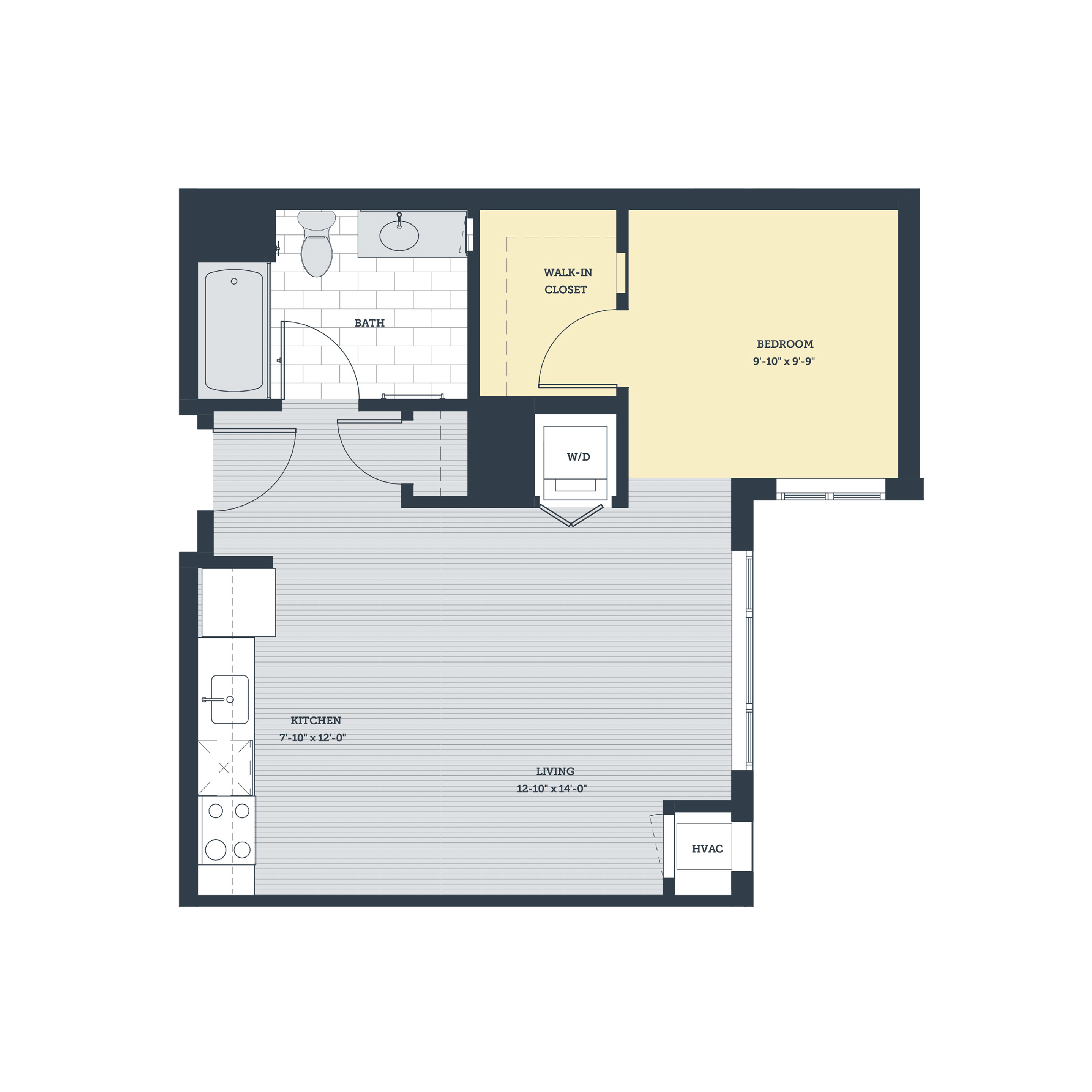Rendering of the OD floor plan with a Studio bedroom and 1 bathroom[s] at eleven33apartments