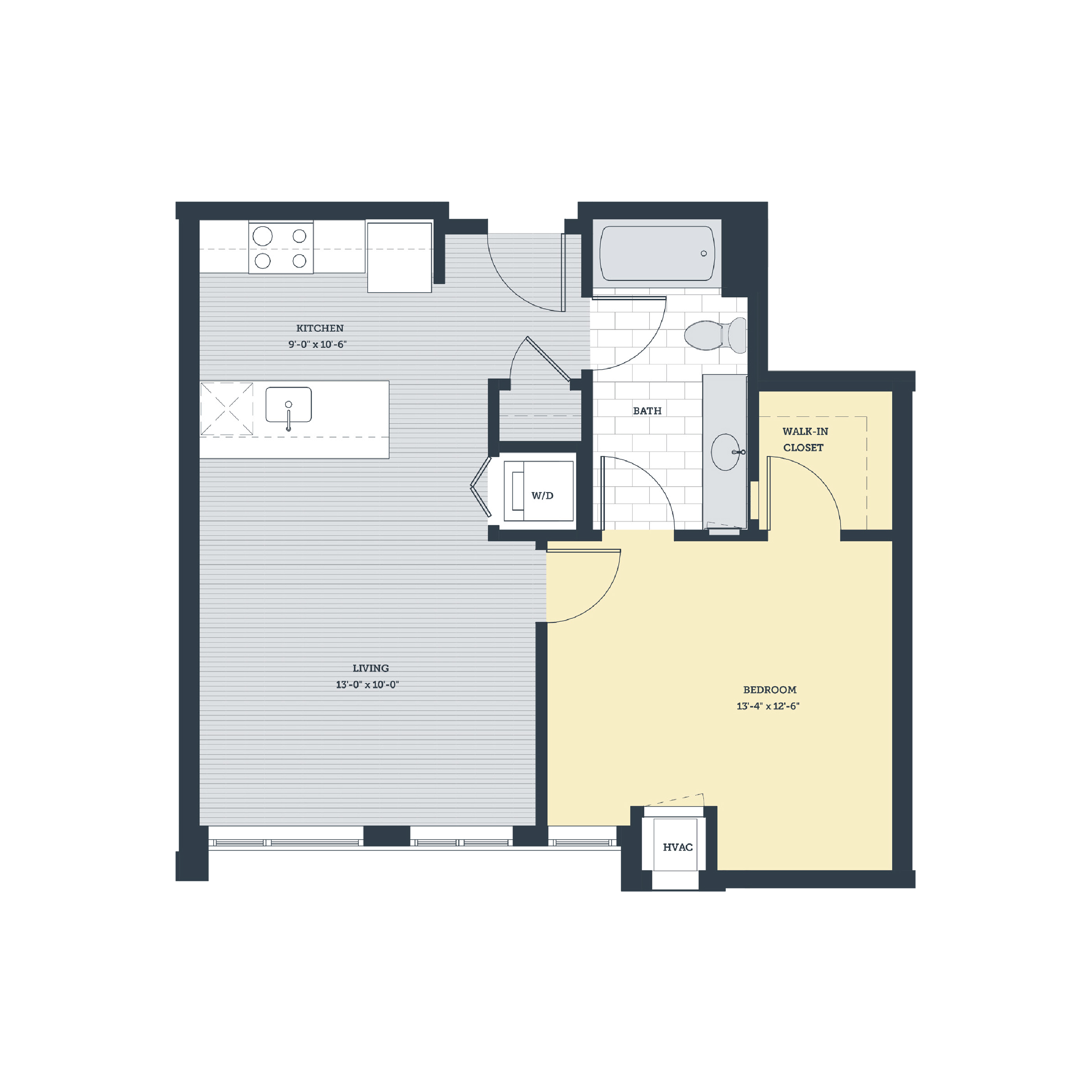 Rendering of the 1D floor plan with 1 bedroom[s] and 1 bathroom[s] at eleven33apartments