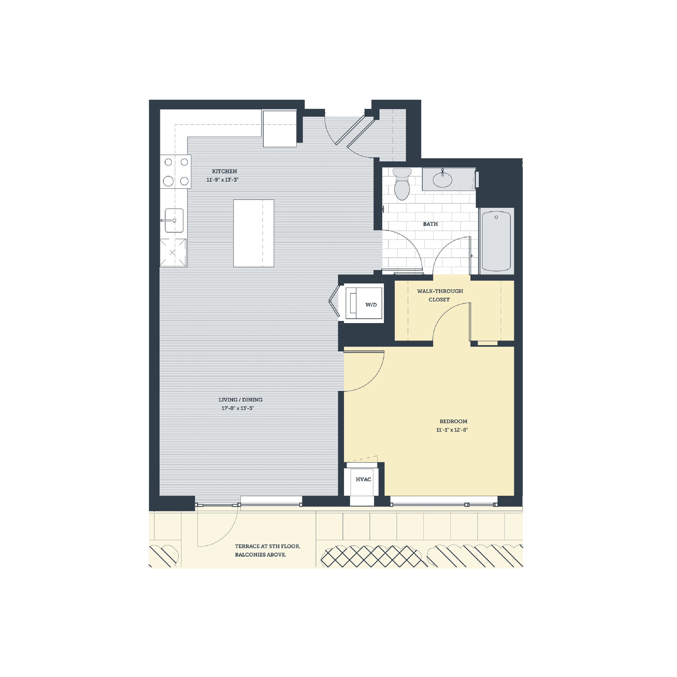 Rendering of the 1N floor plan with 1 bedroom[s] and 1 bathroom[s] at eleven33apartments