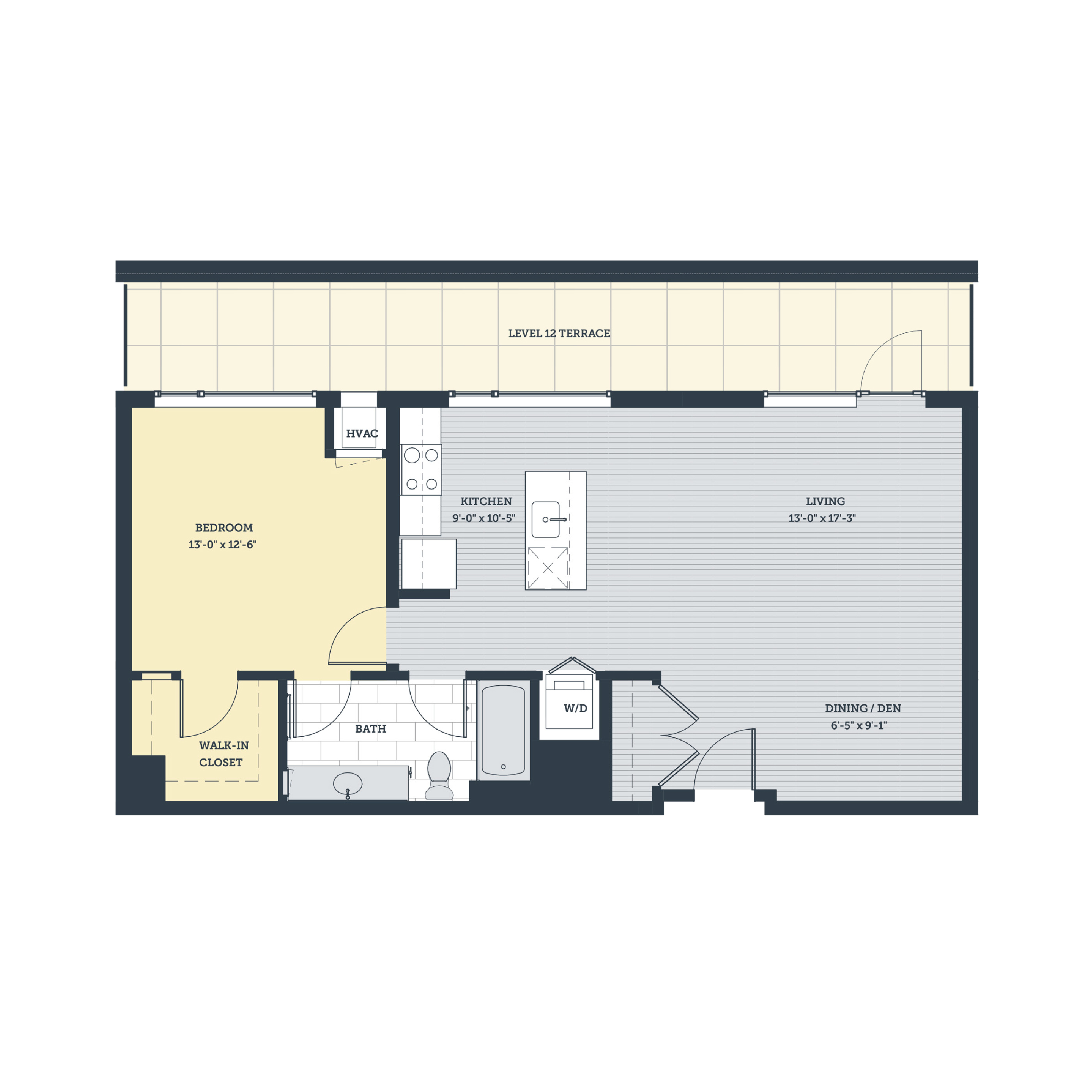 Rendering of the 1Q floor plan with 1 bedroom[s] and 1 bathroom[s] at eleven33apartments