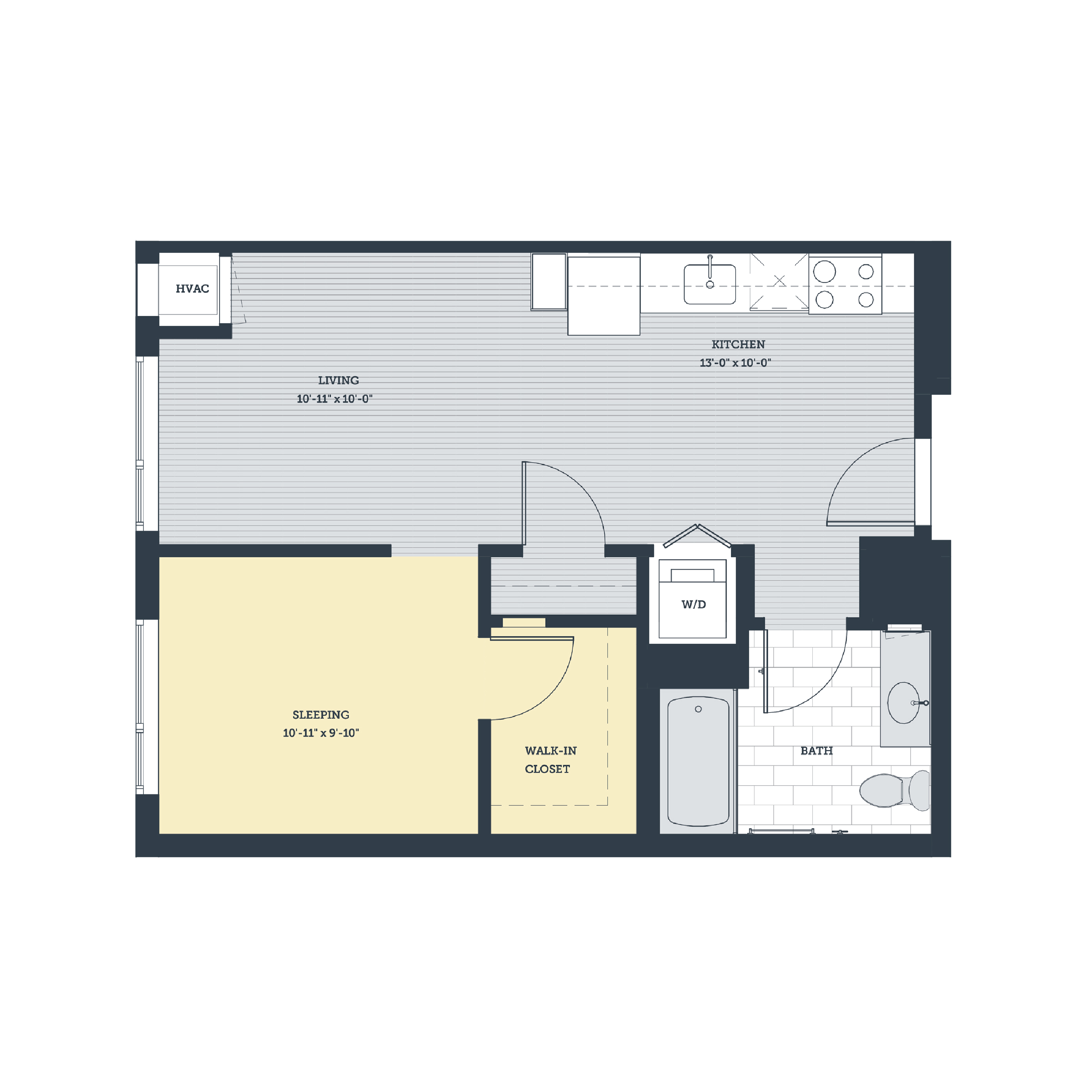 Rendering of the OC floor plan with a Studio bedroom and 1 bathroom[s] at eleven33apartments