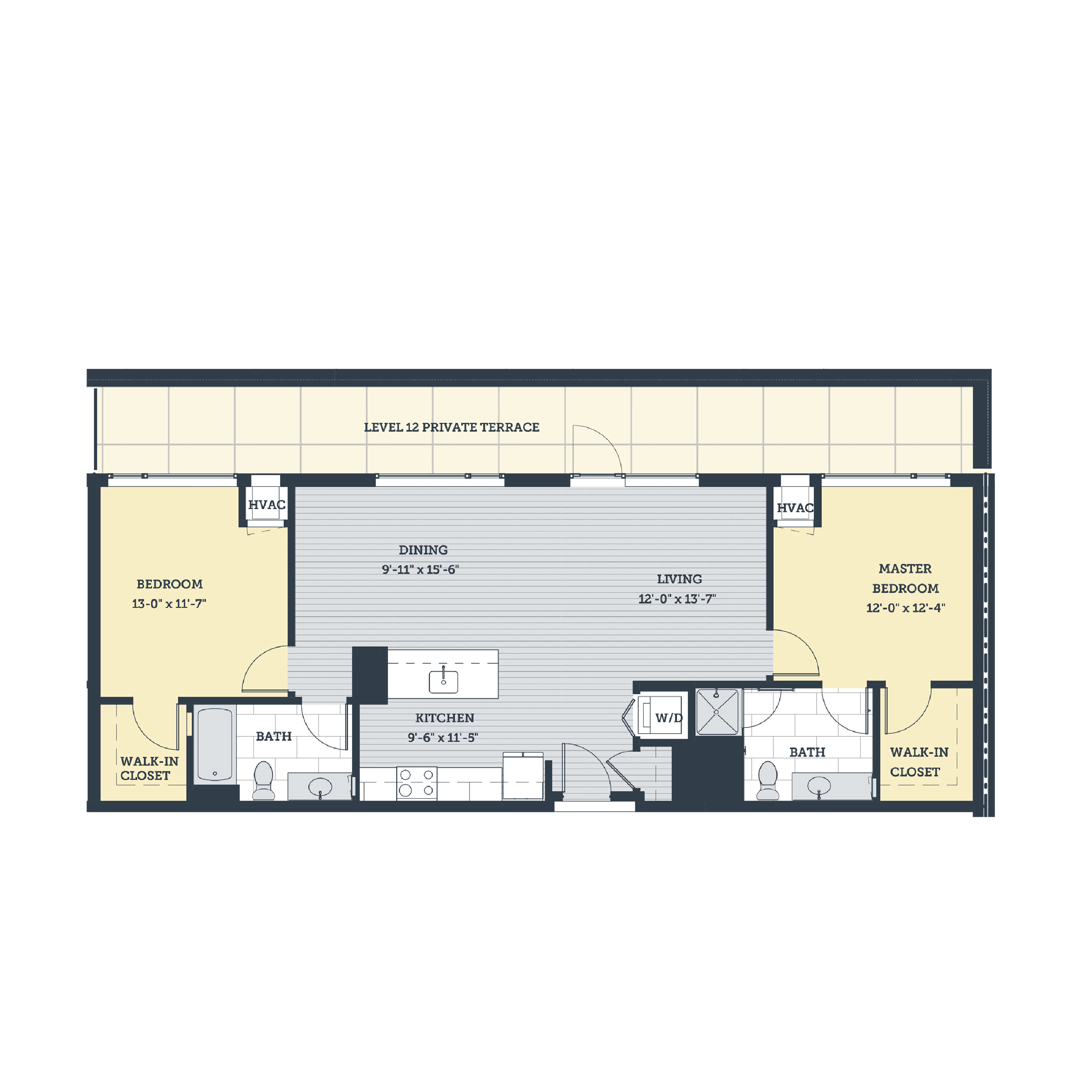 Rendering of the 2F floor plan with 2 bedroom[s] and 2 bathroom[s] at eleven33apartments
