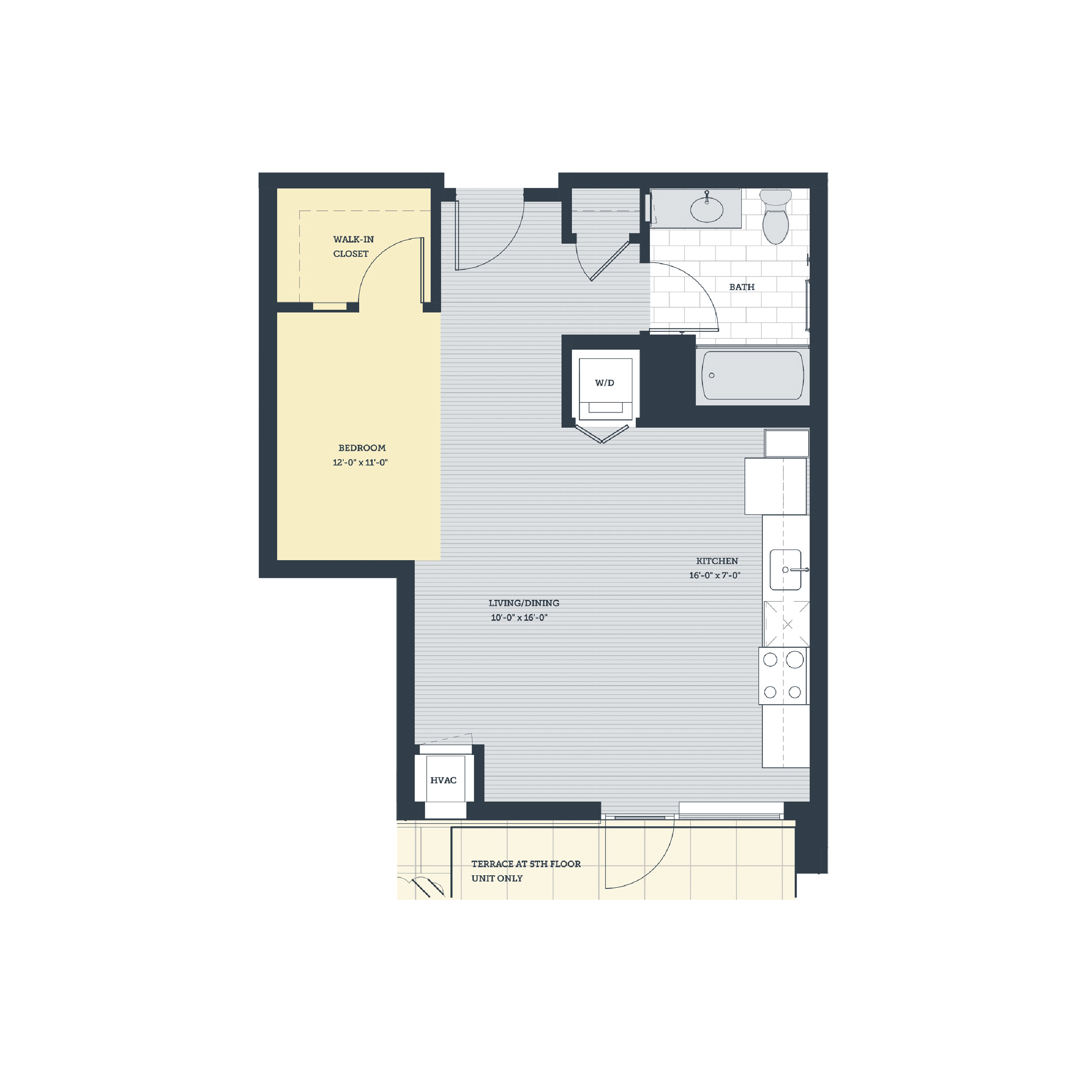 Rendering of the OF floor plan with a Studio bedroom and 1 bathroom[s] at eleven33apartments