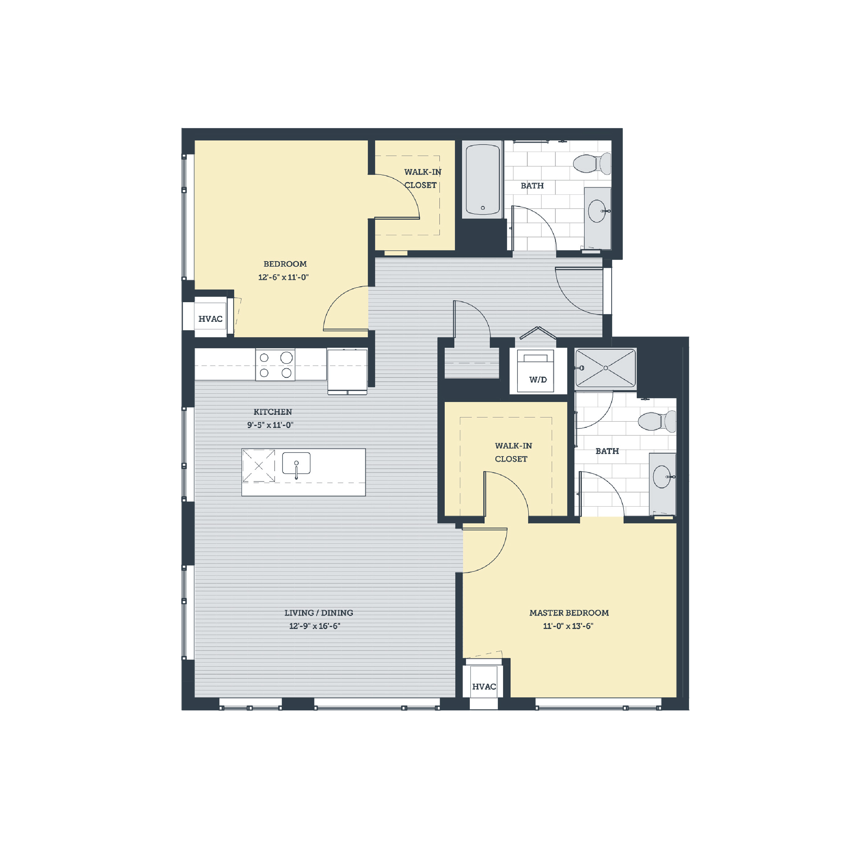 Rendering of the 2B floor plan with 2 bedroom[s] and 2 bathroom[s] at eleven33apartments