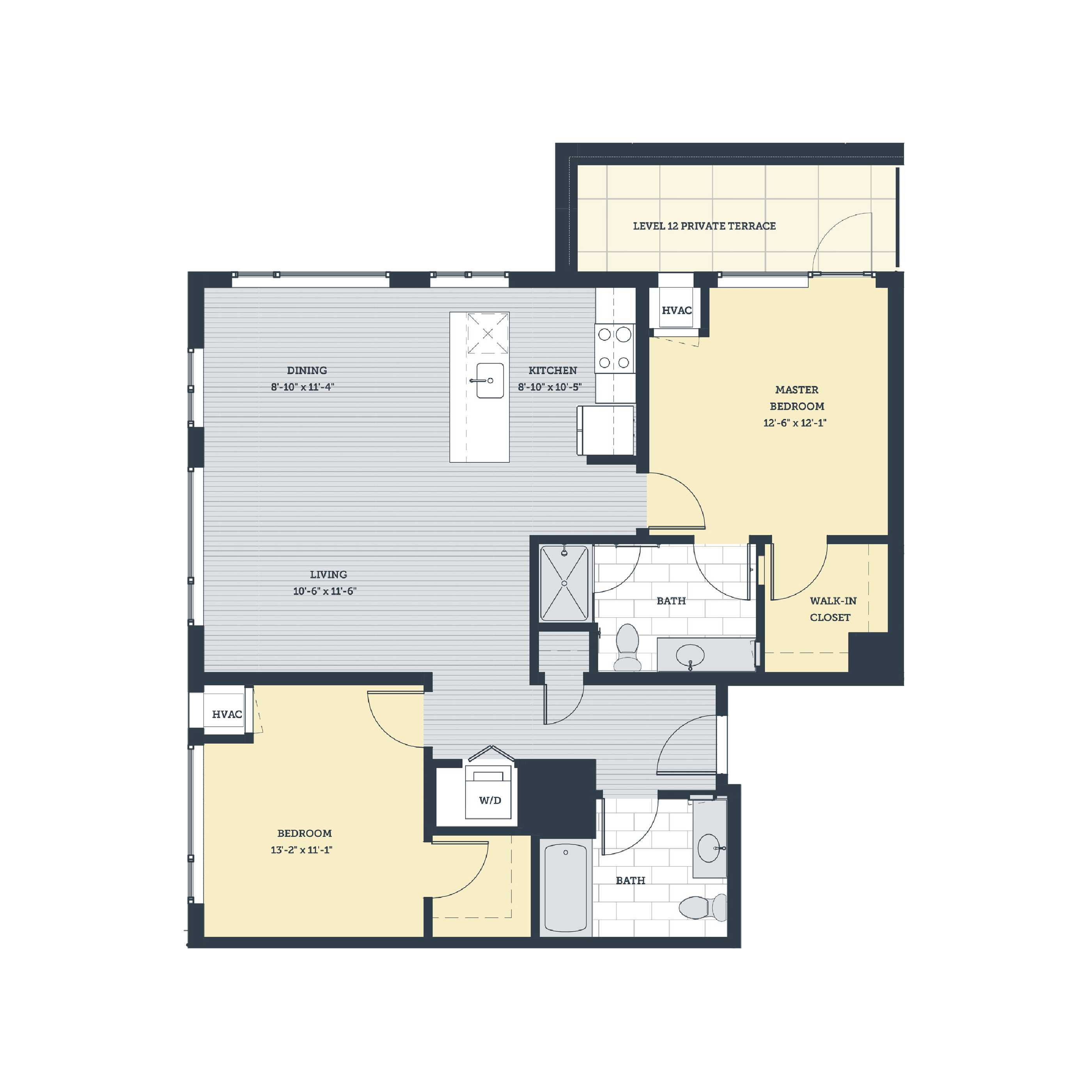 Rendering of the 2C floor plan with 2 bedroom[s] and 2 bathroom[s] at eleven33apartments