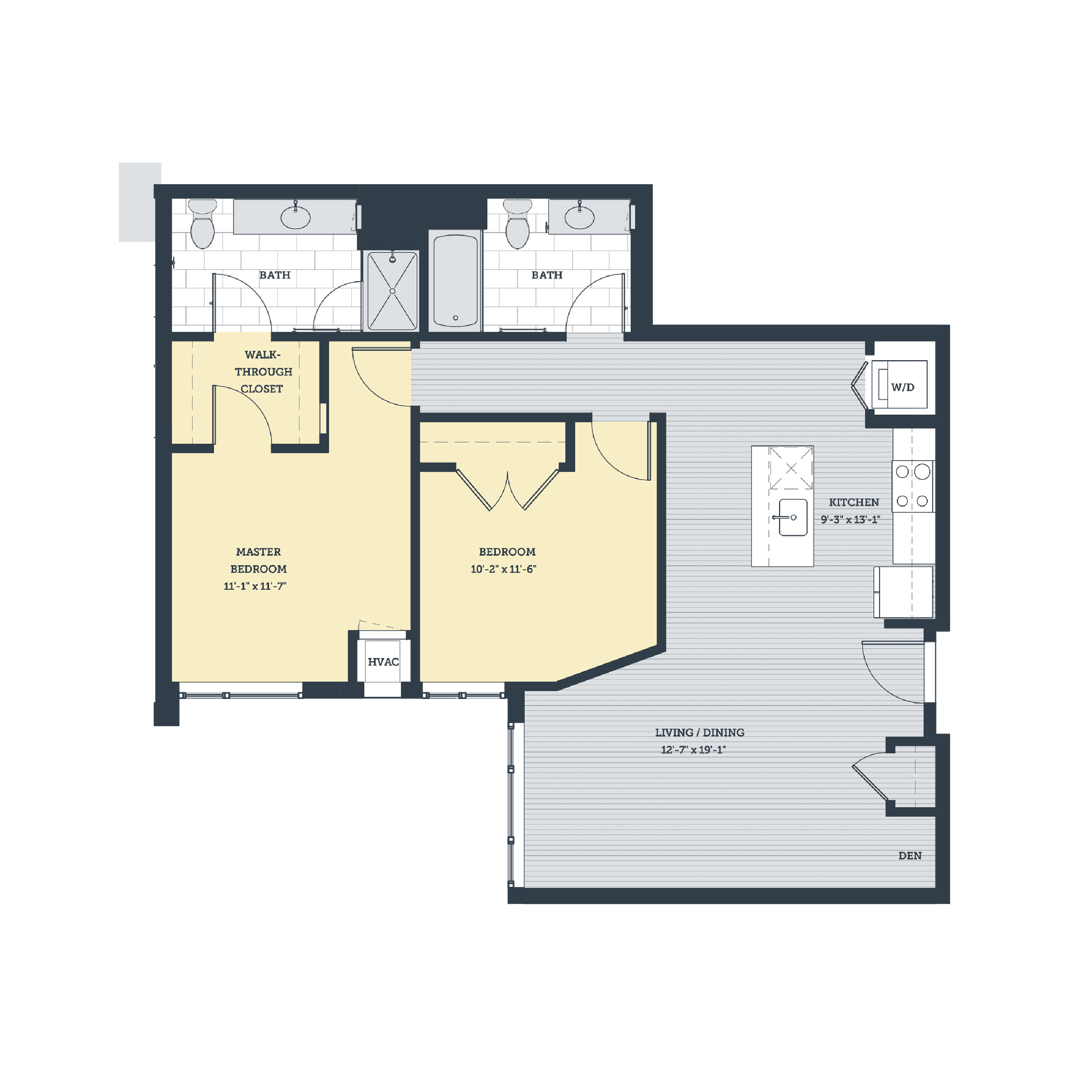 Rendering of the 2A floor plan with 2 bedroom[s] and 2 bathroom[s] at eleven33apartments