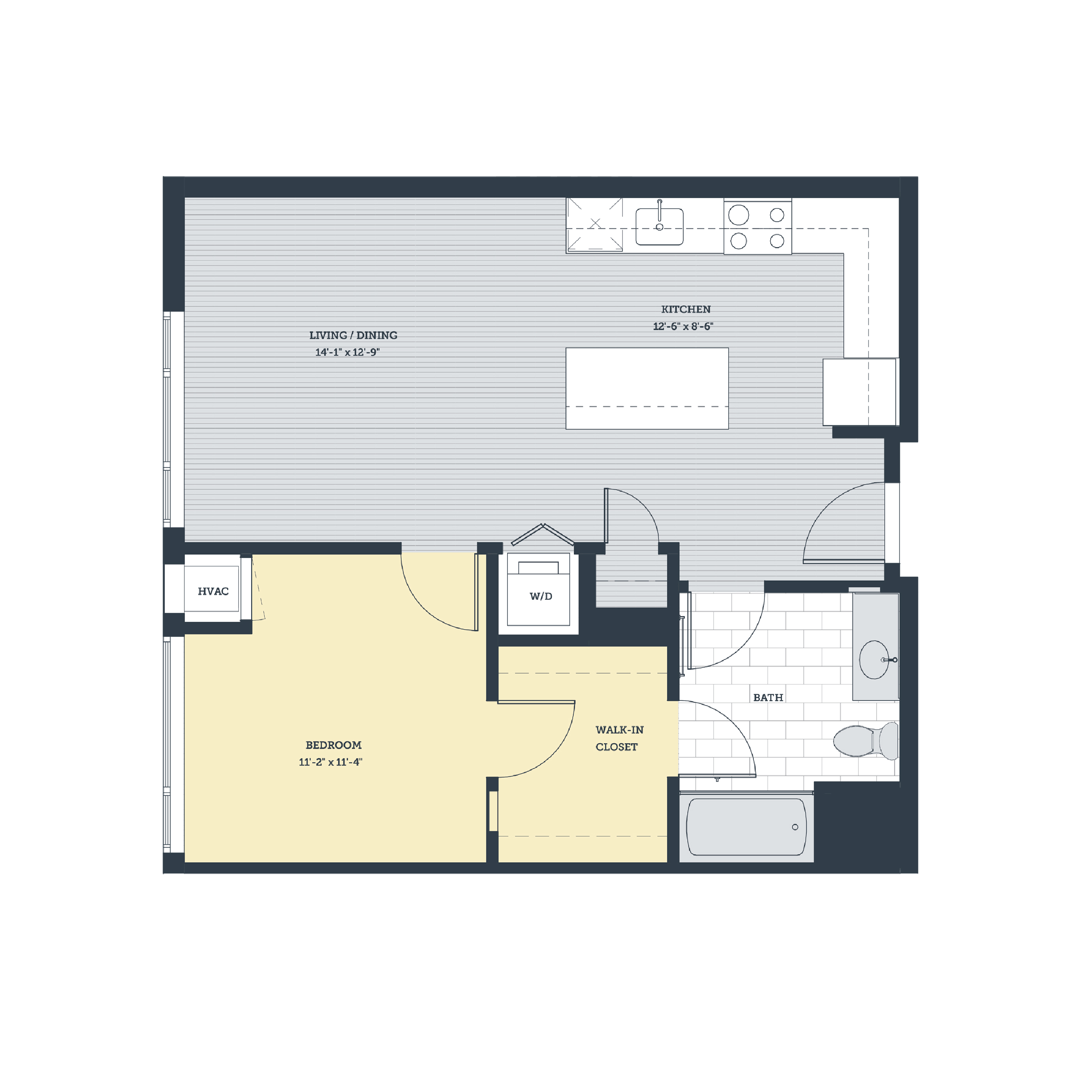 Rendering of the 1E floor plan with 1 bedroom[s] and 1 bathroom[s] at eleven33apartments