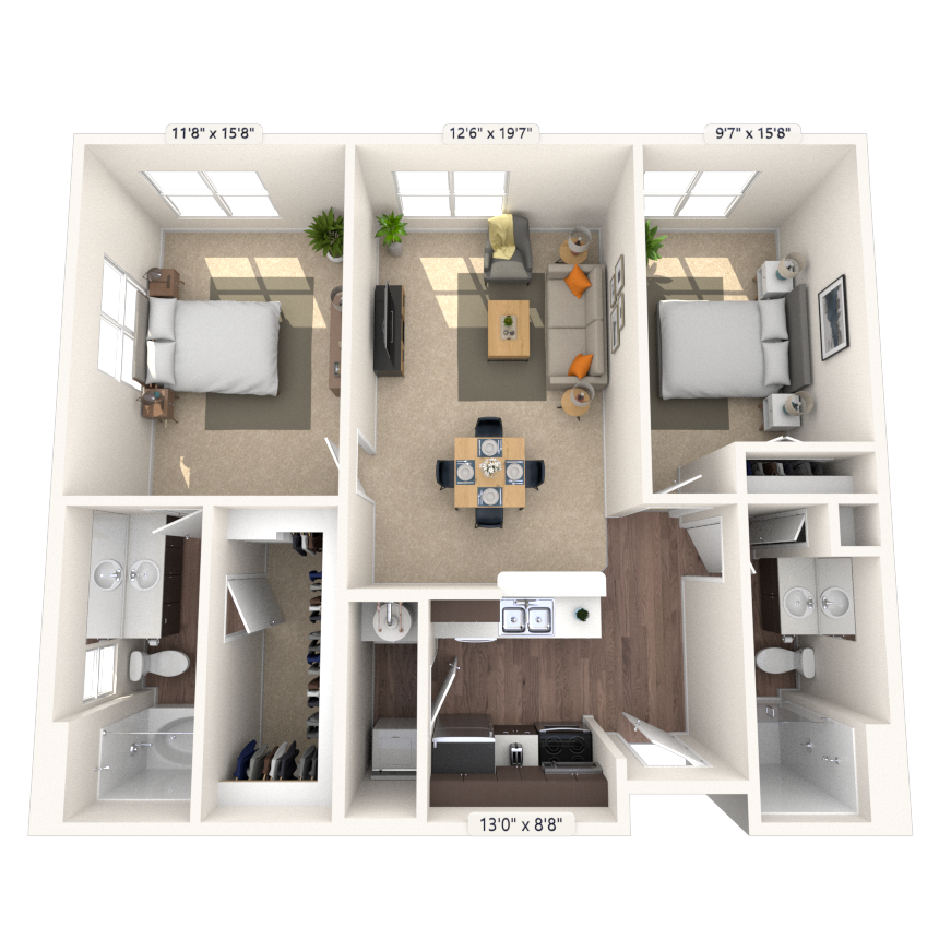 Traditional 2x2 920-1232 SF floor plan