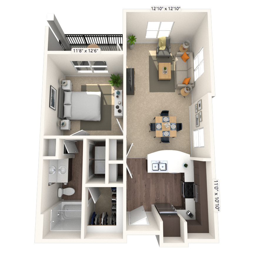 Traditional 1x1 662-921 SF floor plan