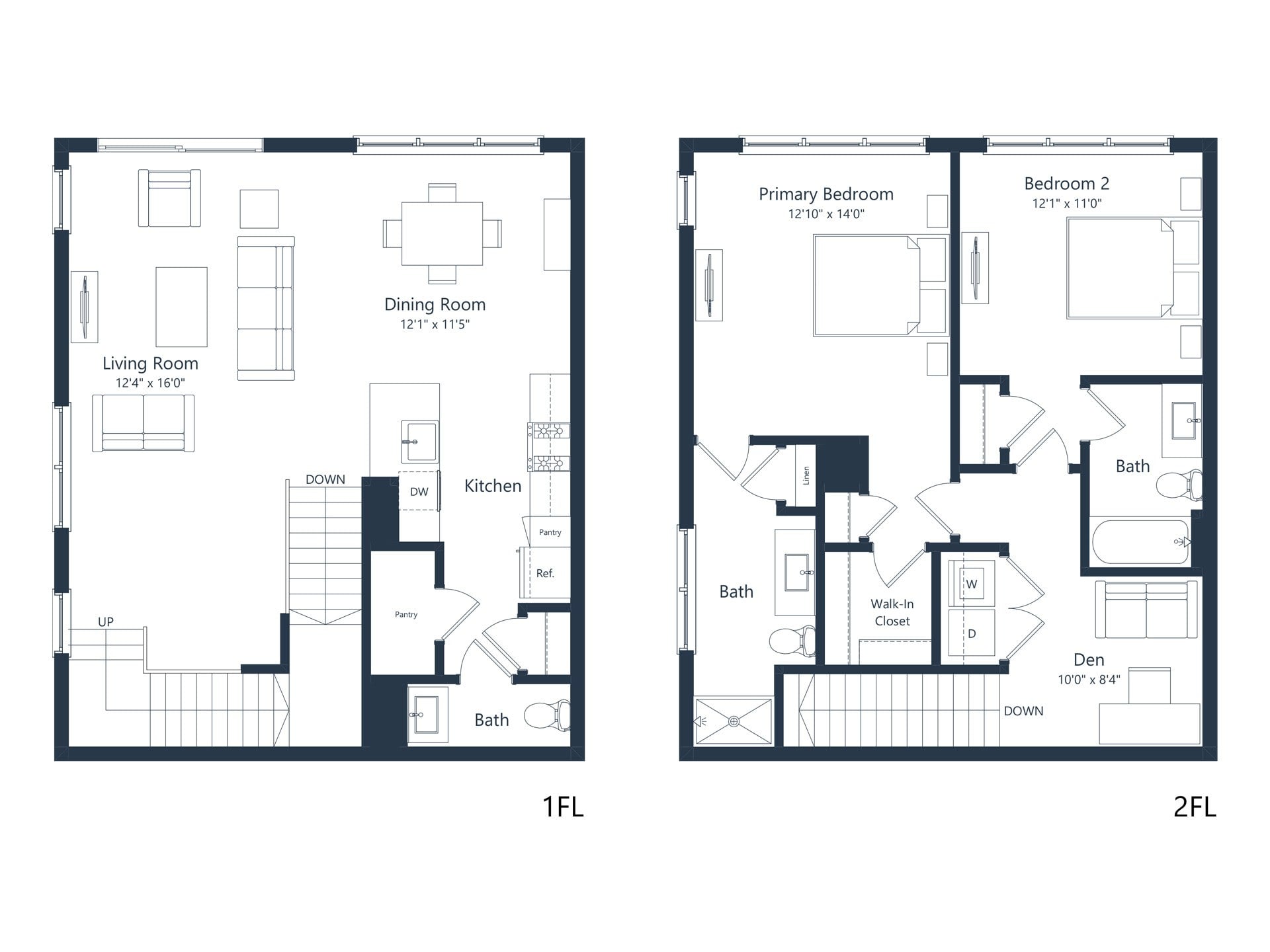 C2M1-TH | 2 Bed | 2.5 Bath | Den floor plan