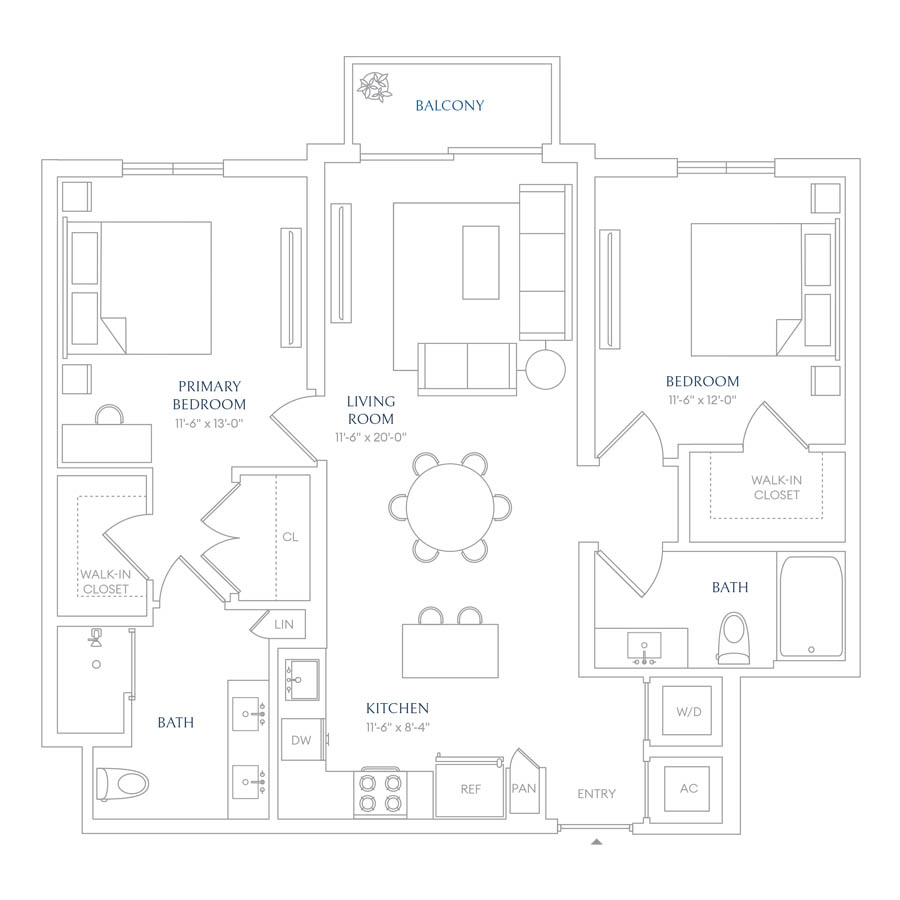 #VLA0122 - 2 bedroom floorplan layout with 2 bathrooms and 1049 square feet