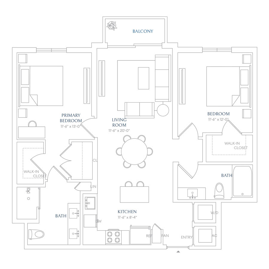 #VLA0204 - 2 bedroom floorplan layout with 2 bathrooms and 1049 square feet