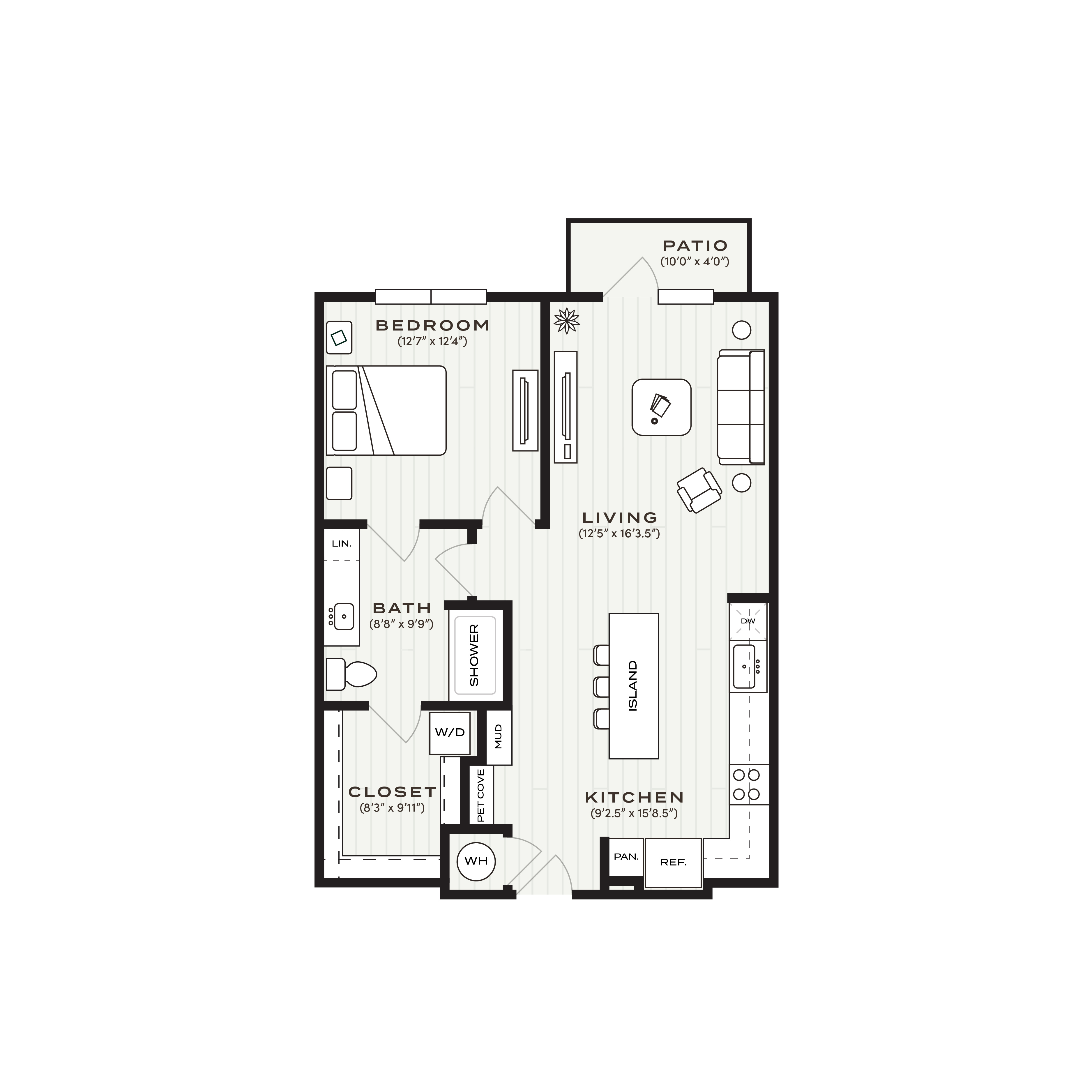 Rendering of the A3 floor plan with 1 bedroom[s] and 1 bathroom[s] at Soltra Bear Creek