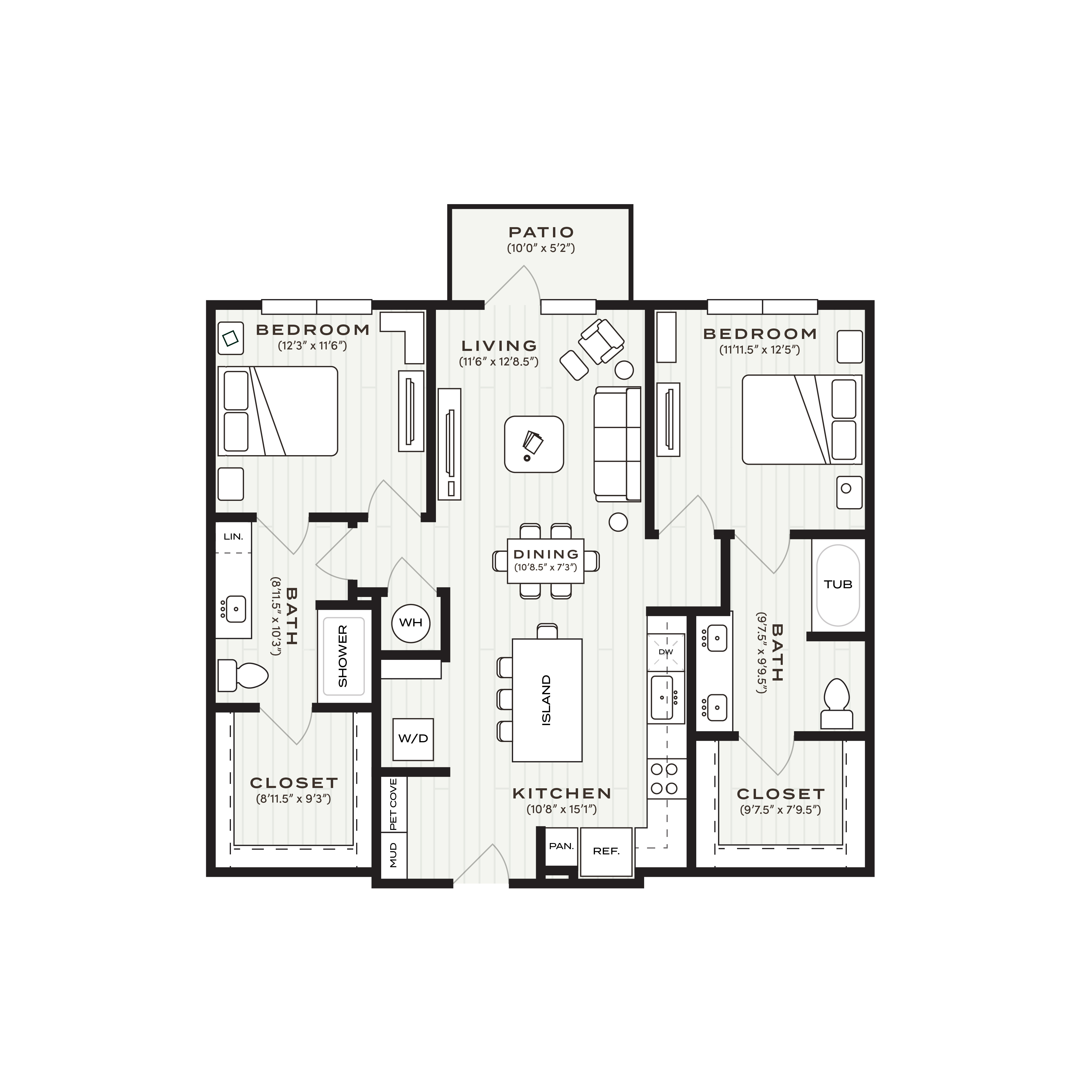 Rendering of the B1-HA floor plan with 2 bedroom[s] and 2 bathroom[s] at Soltra Bear Creek