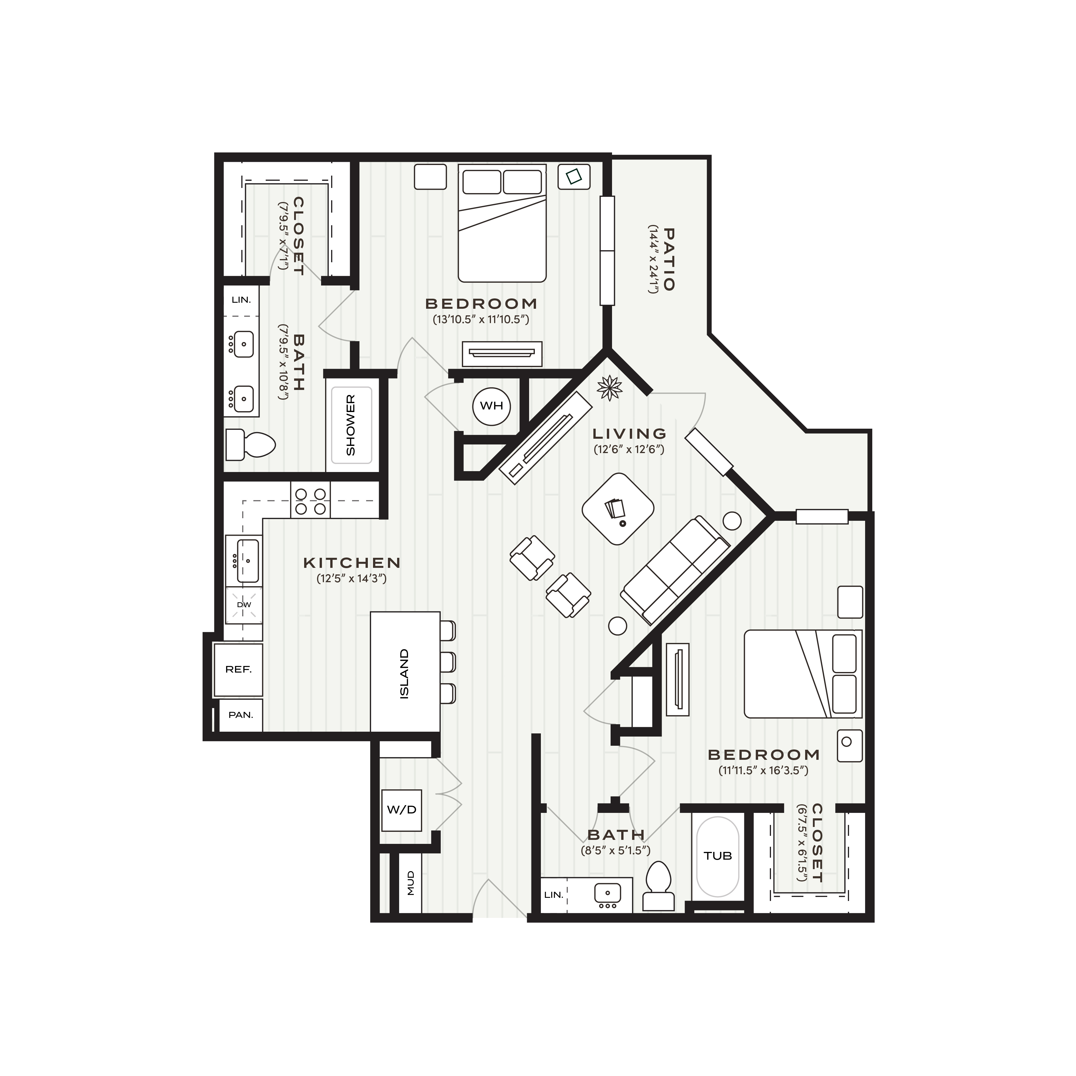 Rendering of the B3.1 floor plan with 2 bedroom[s] and 2 bathroom[s] at Soltra Bear Creek