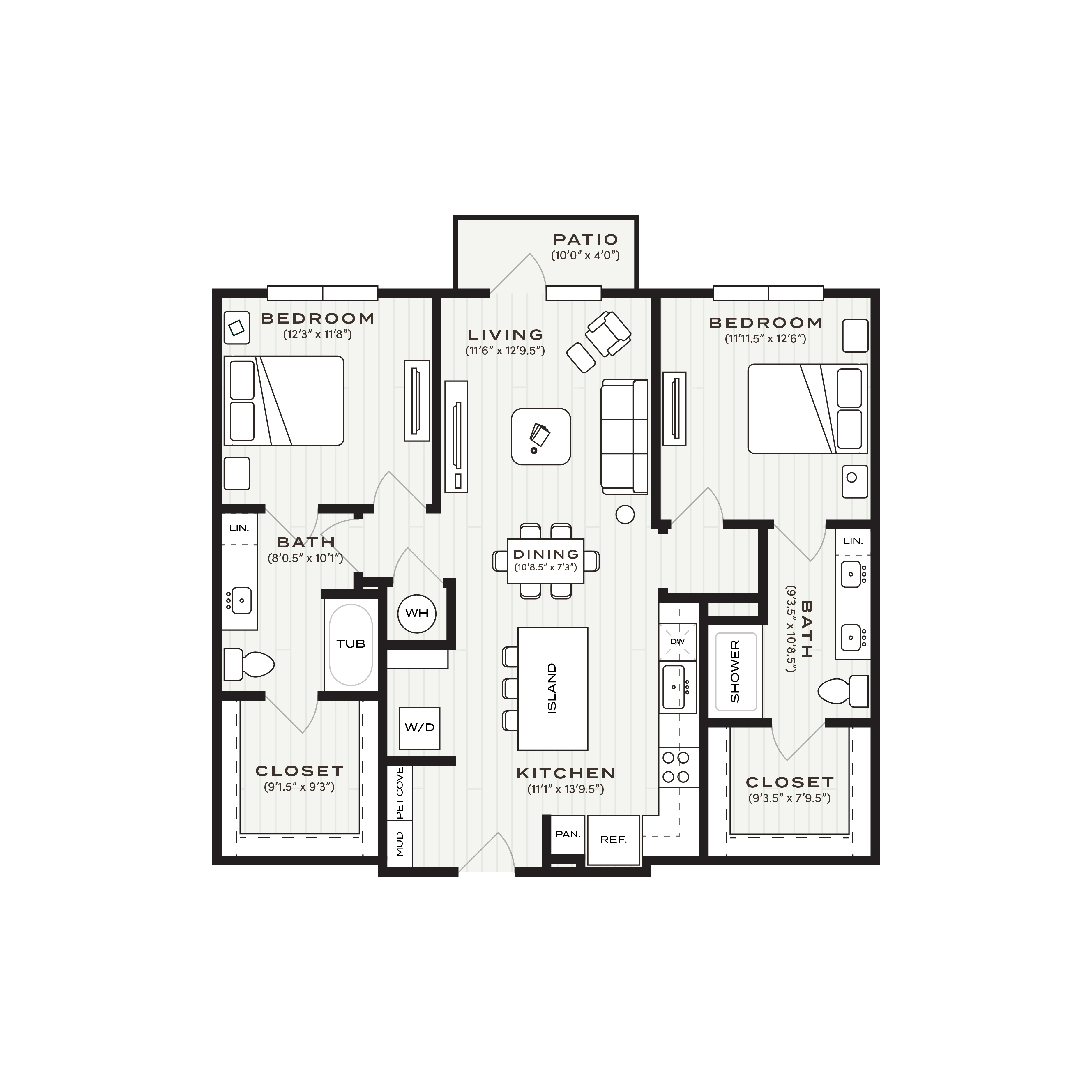 Rendering of the B1 floor plan with 2 bedroom[s] and 2 bathroom[s] at Soltra Bear Creek