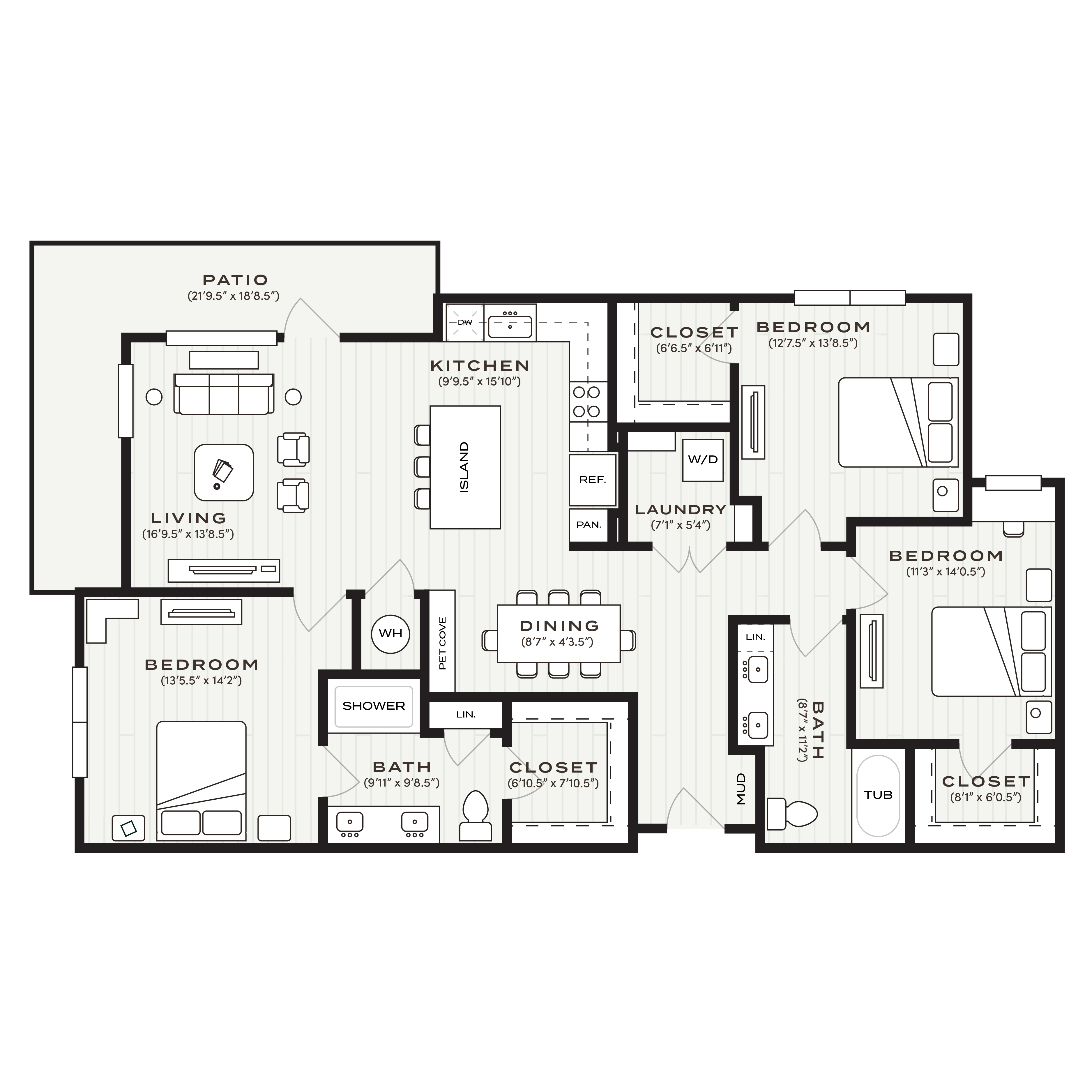 Rendering of the C1 floor plan with 3 bedroom[s] and 2 bathroom[s] at Soltra Bear Creek