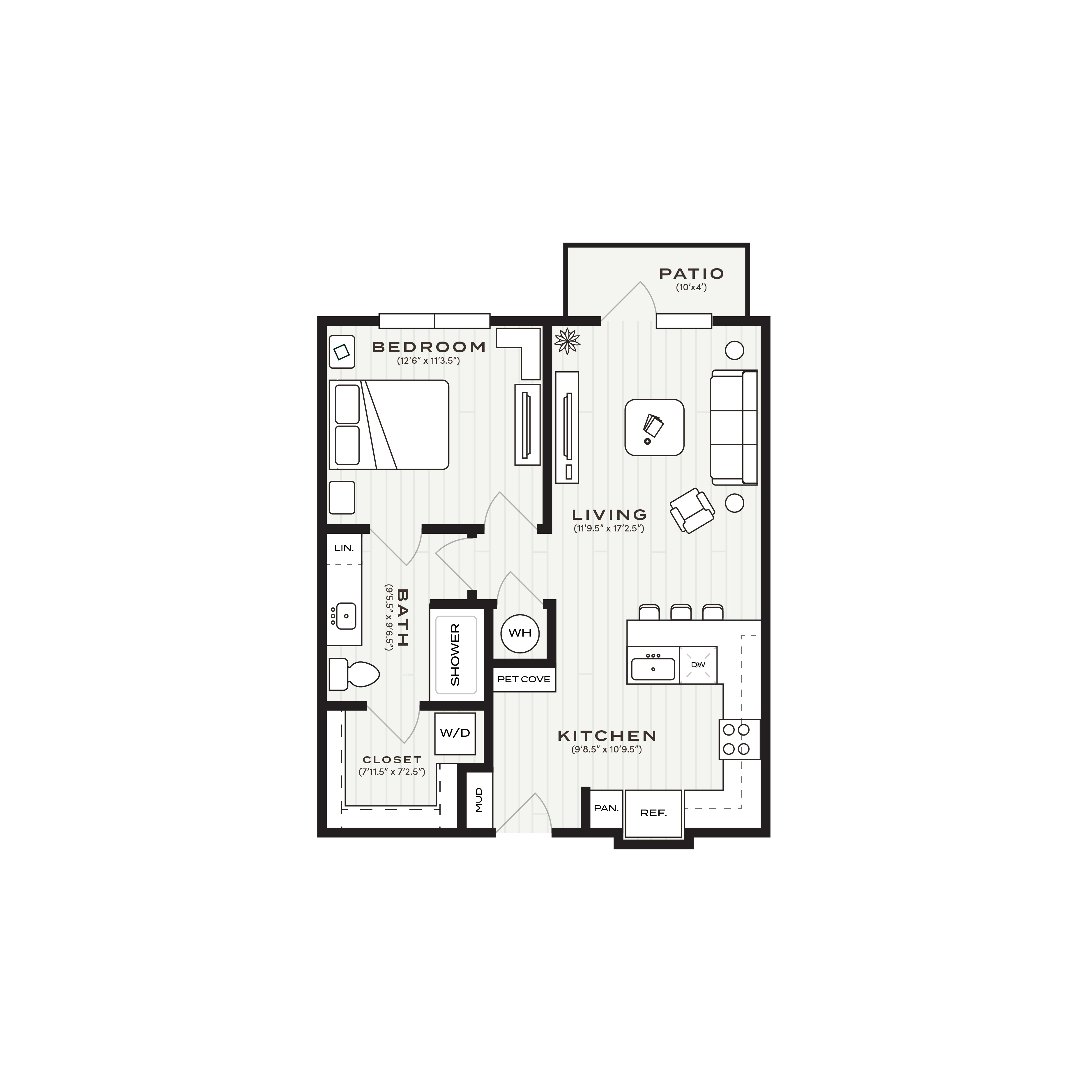Rendering of the A1 floor plan with 1 bedroom[s] and 1 bathroom[s] at Soltra Bear Creek