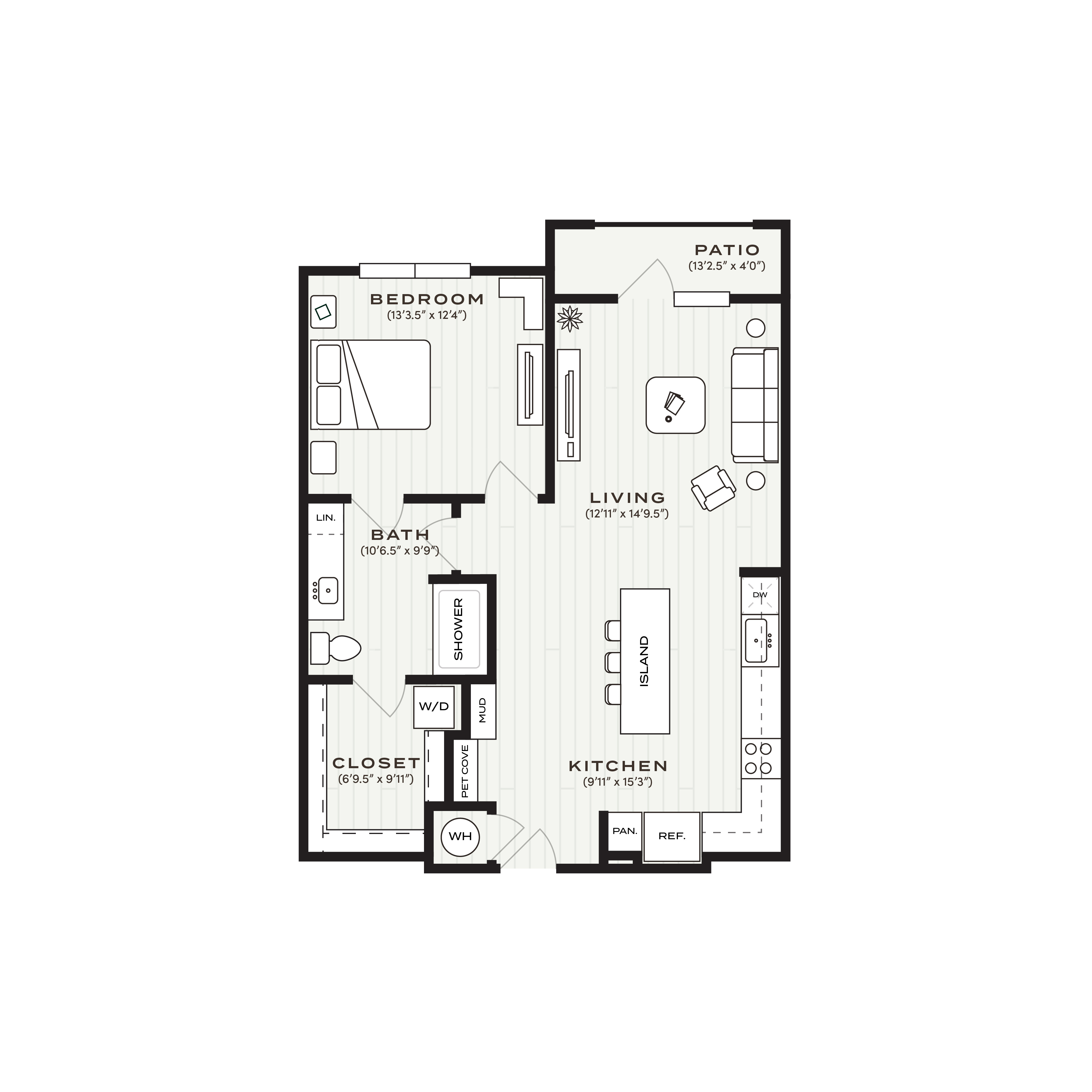 Rendering of the A4 floor plan with 1 bedroom[s] and 1 bathroom[s] at Soltra Bear Creek