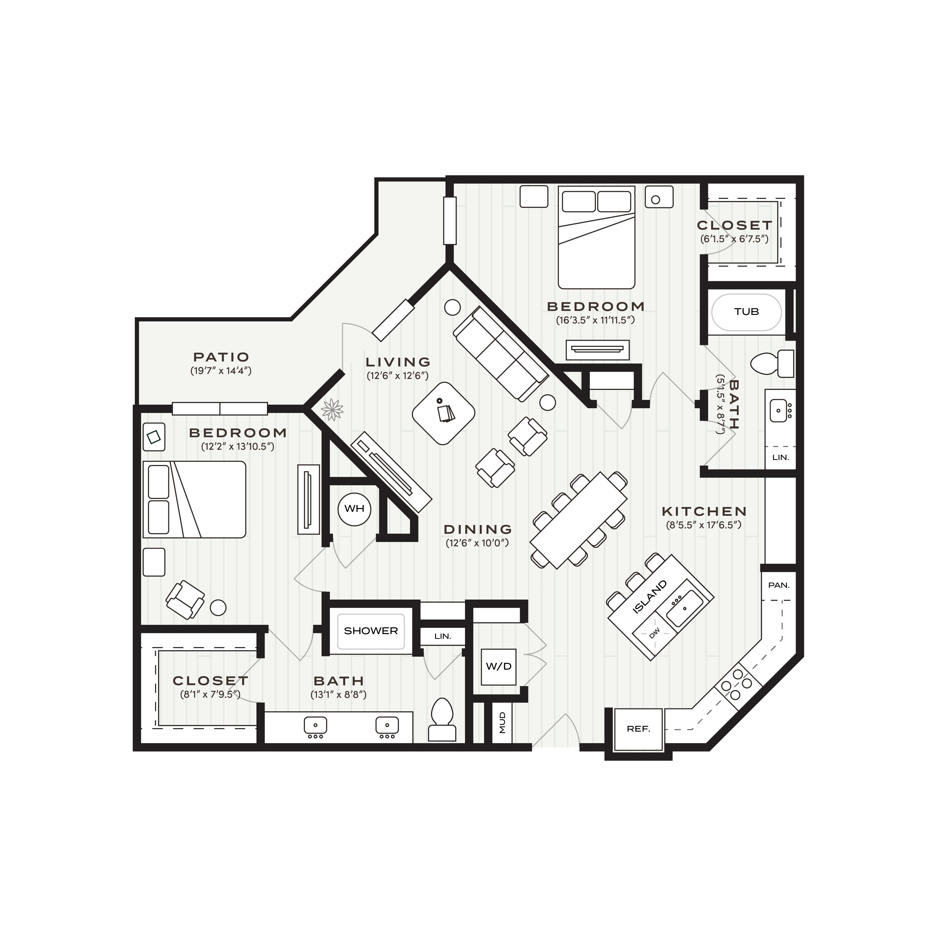 Rendering of the B3 floor plan with 2 bedroom[s] and 2 bathroom[s] at Soltra Bear Creek