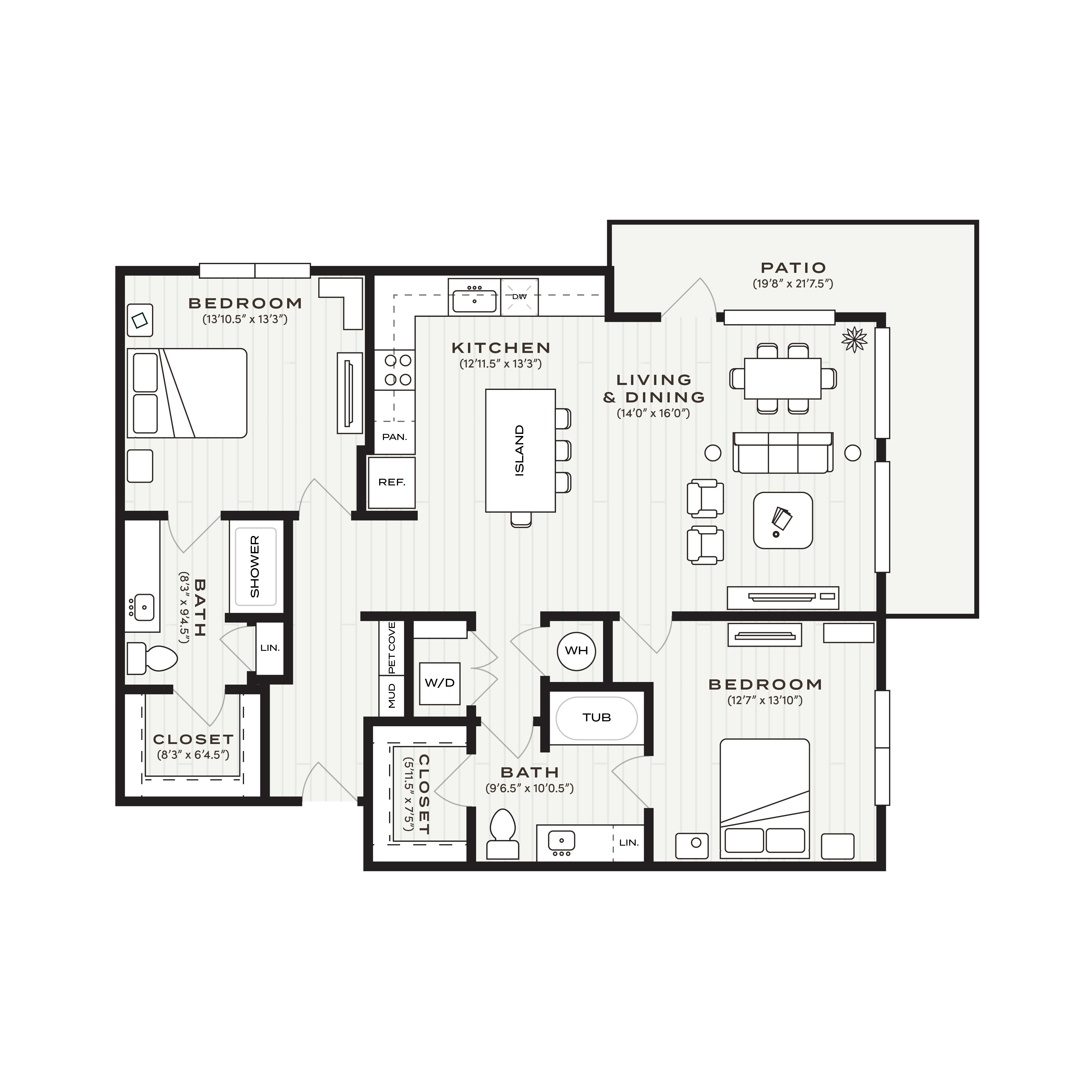 Rendering of the B2 floor plan with 2 bedroom[s] and 2 bathroom[s] at Soltra Bear Creek