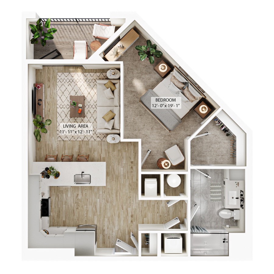 Rendering of the A5 floor plan with 1 bedroom[s] and 1 bathroom[s] at Atwood
