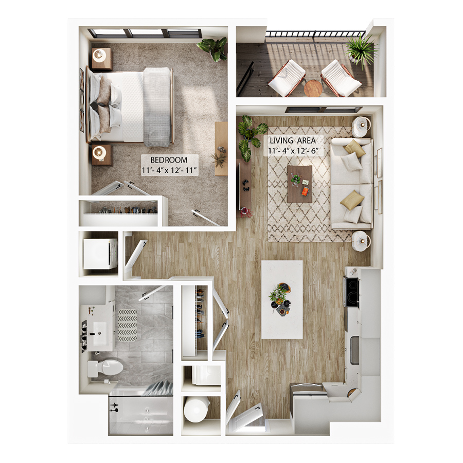 Rendering of the A3 floor plan with 1 bedroom[s] and 1 bathroom[s] at Atwood