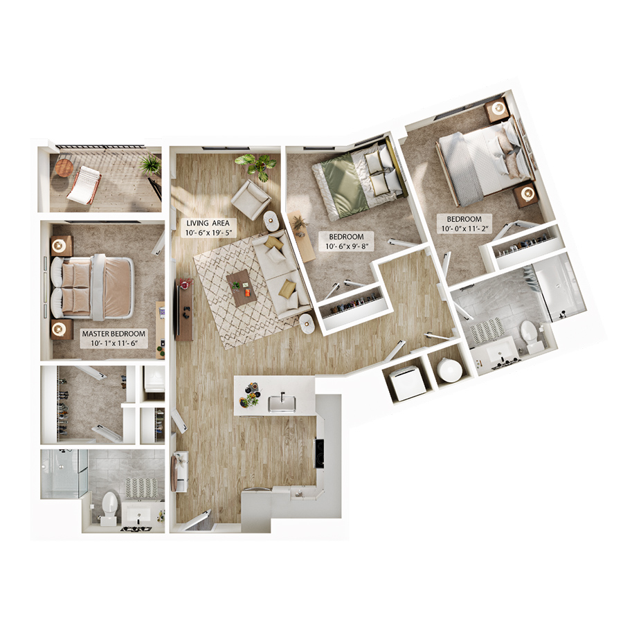 Rendering of the C2 floor plan with 3 bedroom[s] and 2 bathroom[s] at Atwood