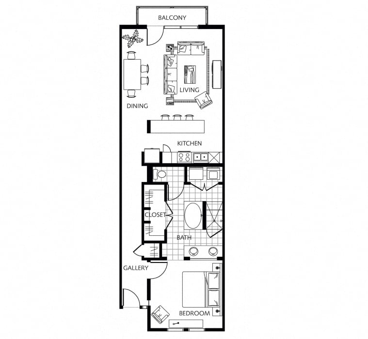 Rendering of the OAKS 4c.A1.2 floor plan with 1 bedroom[s] and 1 bathroom[s] at Thousand Oaks