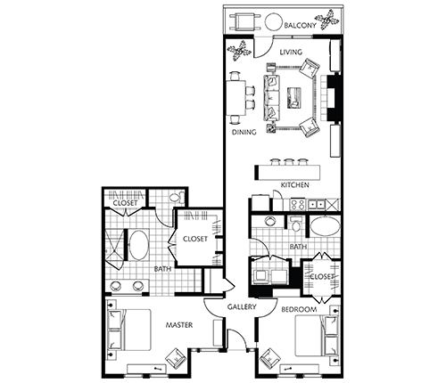 Rendering of the OAKS 4c.A6.1 floor plan with 2 bedroom[s] and 2 bathroom[s] at Thousand Oaks
