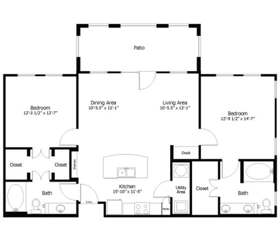 Rendering of the Oaks 4B1 floor plan with 2 bedroom[s] and 2 bathroom[s] at Thousand Oaks