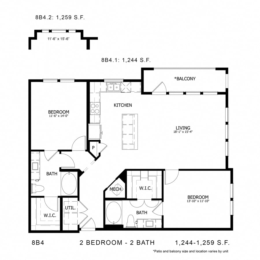 Rendering of the Stag`s Leap 8B4 floor plan with 2 bedroom[s] and 2 bathroom[s] at Thousand Oaks
