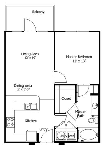 Rendering of the Oaks 5A4 floor plan with 1 bedroom[s] and 1 bathroom[s] at Thousand Oaks