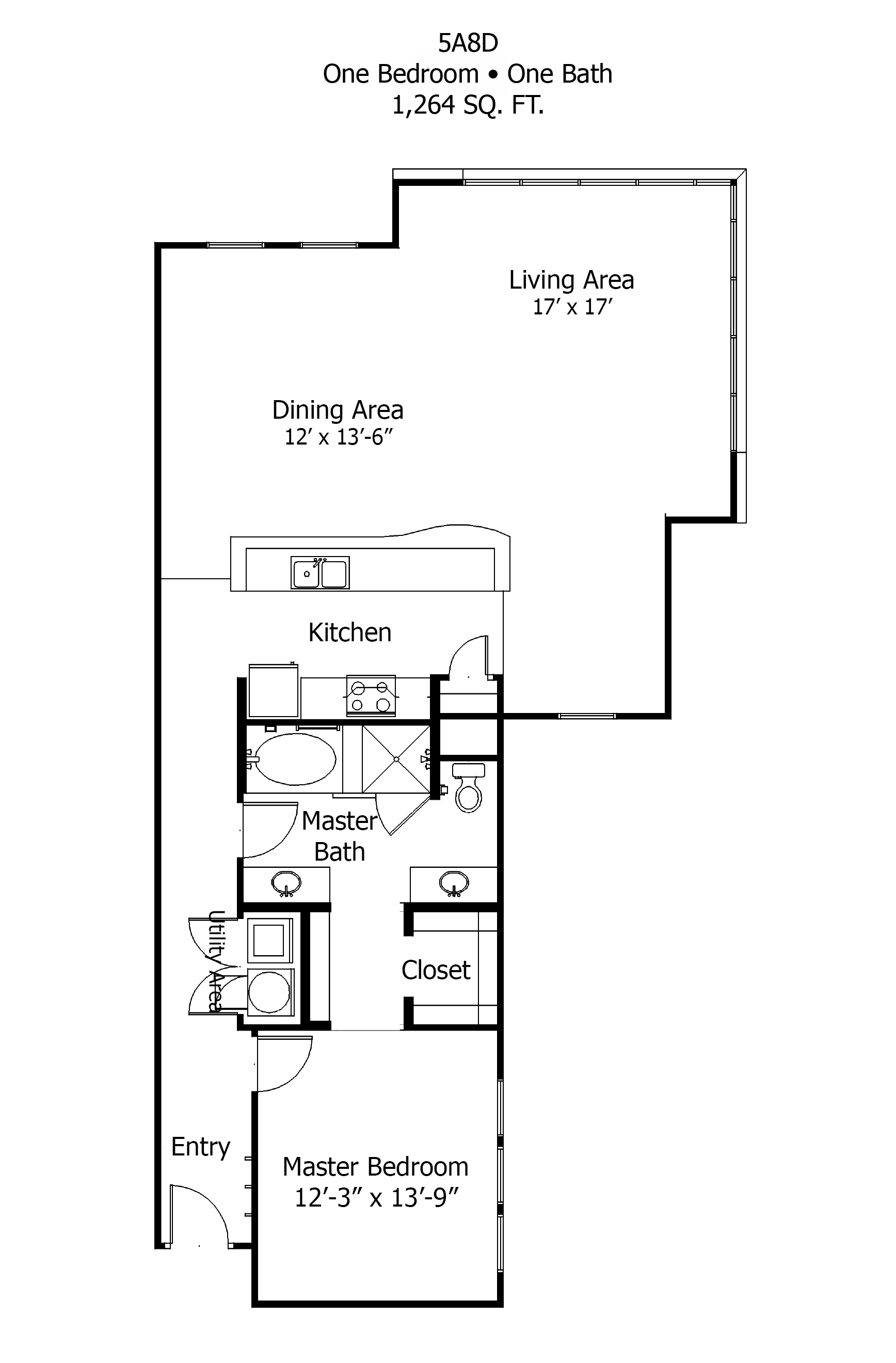 Rendering of the Oaks 5A8D floor plan with 1 bedroom[s] and 1 bathroom[s] at Thousand Oaks