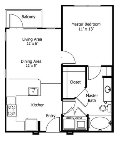 Rendering of the Oaks 5A3 floor plan with 1 bedroom[s] and 1 bathroom[s] at Thousand Oaks