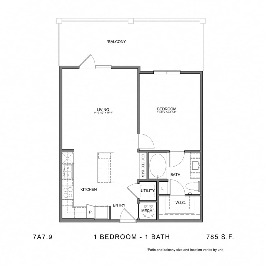 Rendering of the Stag`s Leap 7A7.9 floor plan with 1 bedroom[s] and 1 bathroom[s] at Thousand Oaks