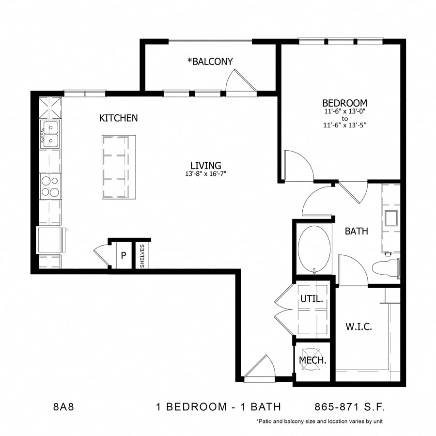 Rendering of the Stag`s Leap 8A8 floor plan with 1 bedroom[s] and 1 bathroom[s] at Thousand Oaks