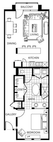 Rendering of the OAKS 4c.A4.2 floor plan with 1 bedroom[s] and 1 bathroom[s] at Thousand Oaks