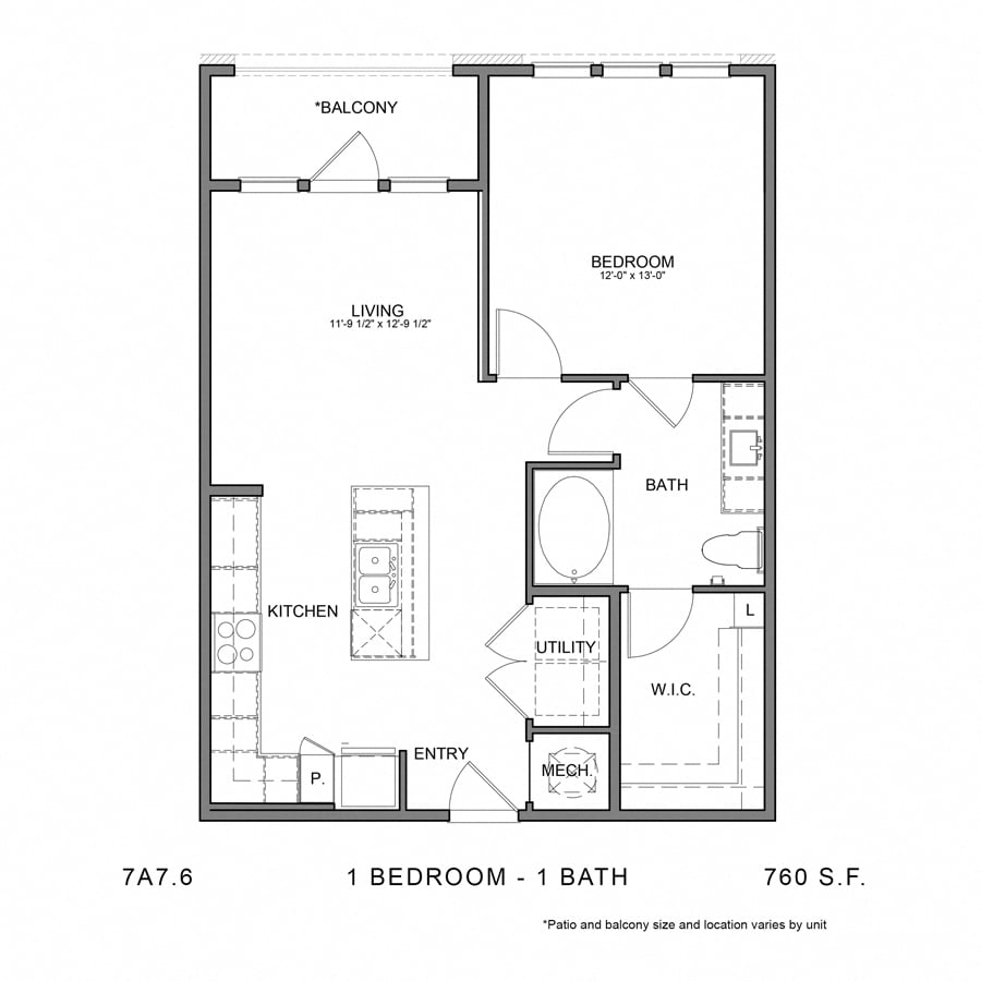 Rendering of the Stag`s Leap 7A7.6 floor plan with 1 bedroom[s] and 1 bathroom[s] at Thousand Oaks