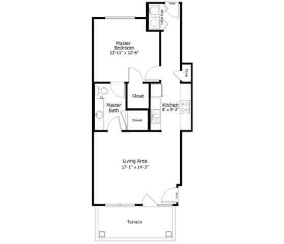 Rendering of the Oaks 3A3 floor plan with 1 bedroom[s] and 1 bathroom[s] at Thousand Oaks