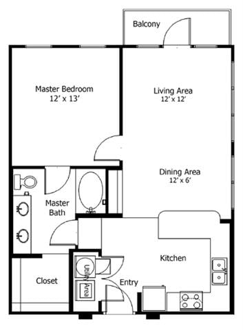 Rendering of the Oaks 5A5 floor plan with 1 bedroom[s] and 1 bathroom[s] at Thousand Oaks
