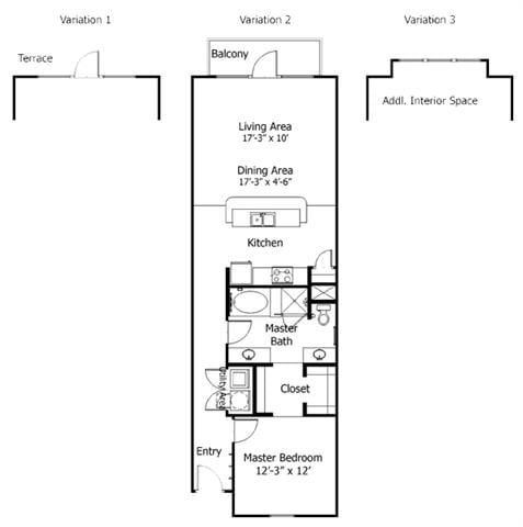 Rendering of the Oaks 5A8 floor plan with 1 bedroom[s] and 1 bathroom[s] at Thousand Oaks