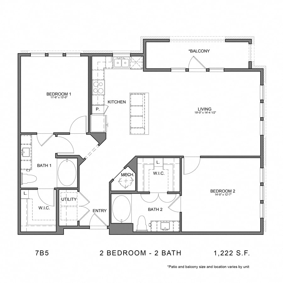 Rendering of the Stag`s Leap 7B5 floor plan with 2 bedroom[s] and 2 bathroom[s] at Thousand Oaks