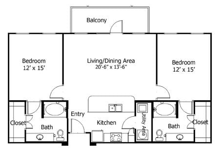 Rendering of the Oaks 5B1 floor plan with 2 bedroom[s] and 2 bathroom[s] at Thousand Oaks